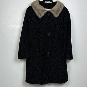 Astrakin By Irving Posluns Vintage Black Mid Length Button Front Coat Size MP